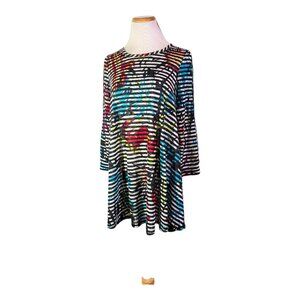John Mark Size M Striped Floral Tunic Top 3/4 Sleeves Semi-Sheer